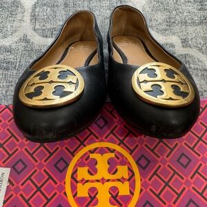 Tory Burch Black Leather Flats with Gold Logo Medallions